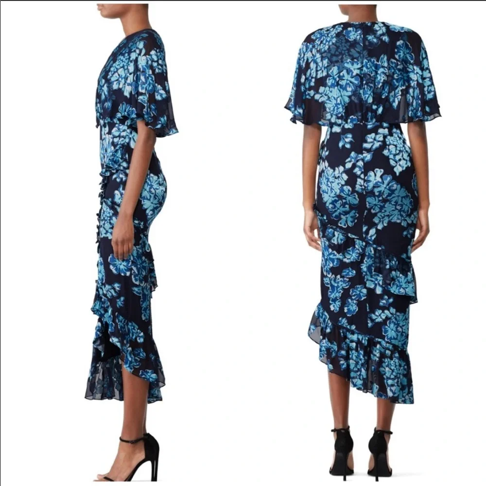 Saloni Blue Rose Ruffle Silk Midi Dress 6 - Picture 5 of 6